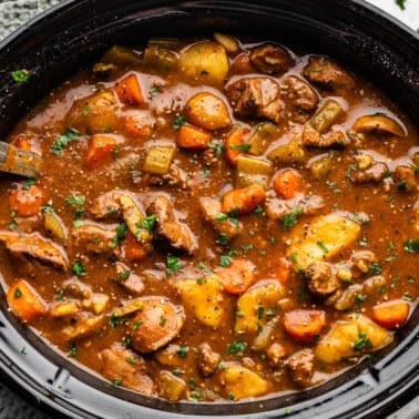 top view of slow cooker beef stew