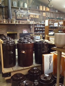 Sauerkraut fermentation crocks of all sizes at Lehman's in Dalton, Ohio. RL Fifield 2012.