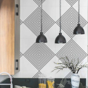 Black and white line printed rangoli moroccan tile