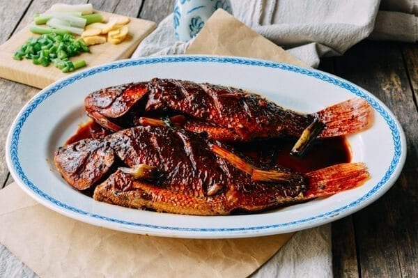 Chinese Braised Fish (Hongshao Yu), by thewoksoflife.com