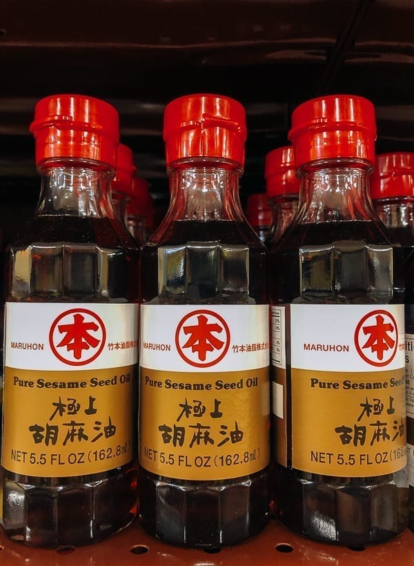 Maruhon Pure Sesame Seed Oil on store shelf, thewoksoflife.com