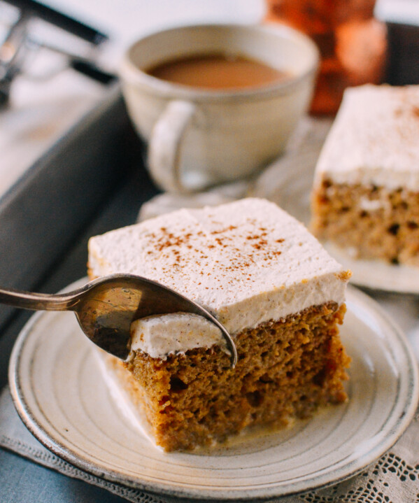 Digging into pumpkin tres leches cake with a spoon