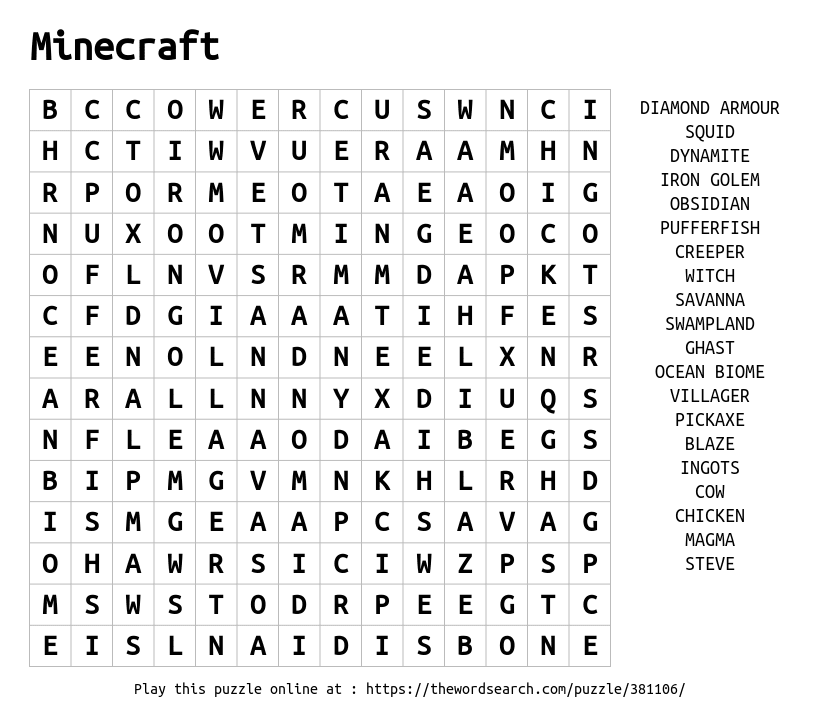 Minecraft Word Search