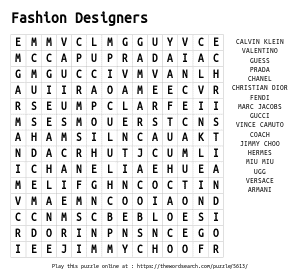 Word Search on Fashion Designers