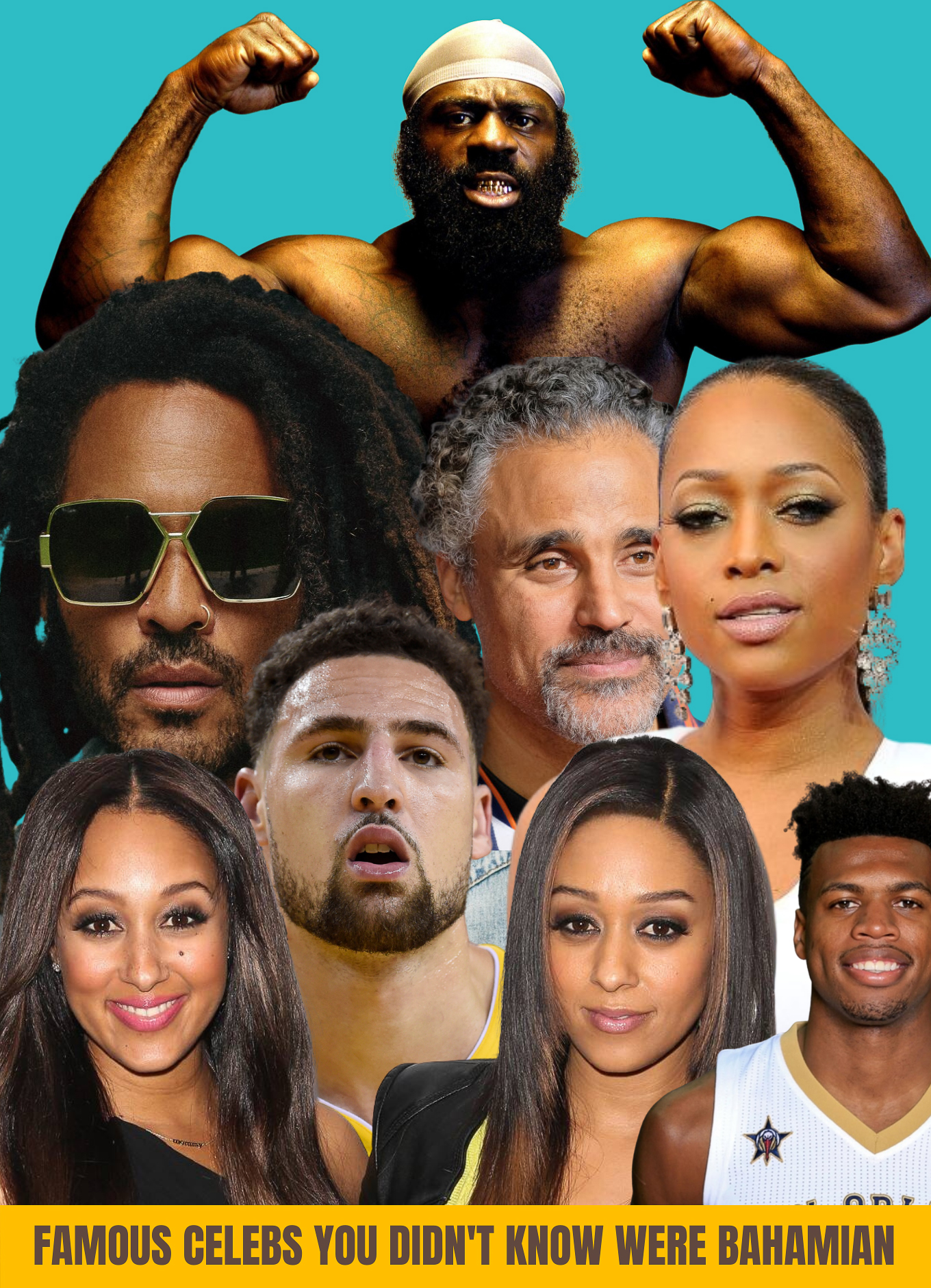 A collage of famous people who have Bahamian roots. Photo shows Lenny Kravitz, Tia and Tamera Mowry, Buddy Hield, rapper Trina, basketball legend, Rick Fox, Clay Thompson and Kimbo Slice