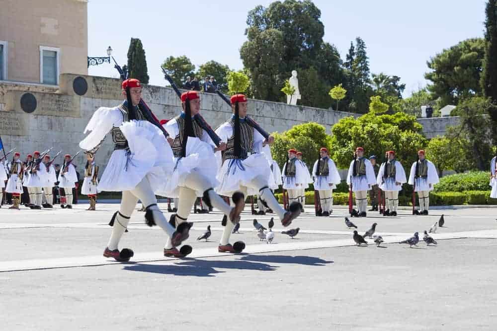 Greek army marching with their fustanella.