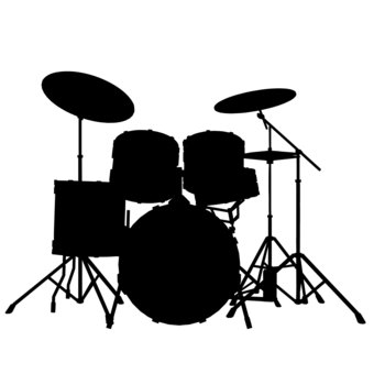 Black and white silhouette illustration of a drum set, drum set, drum, musics, JPG, PNG and AI