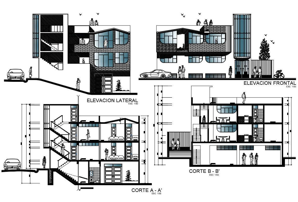 Floor Planelevation And Section View Of Apartment Dwg File Cadbull ...