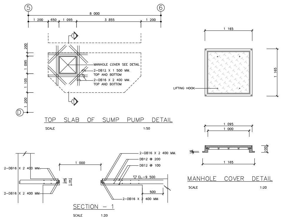 Top Slab of sump pump details and manhole cover details are given in ...