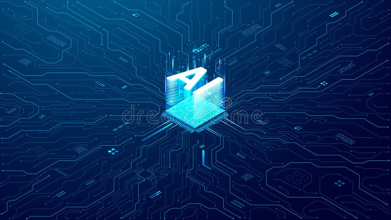 AI background. Abstract AI chip hologram on circuit board tech bg.