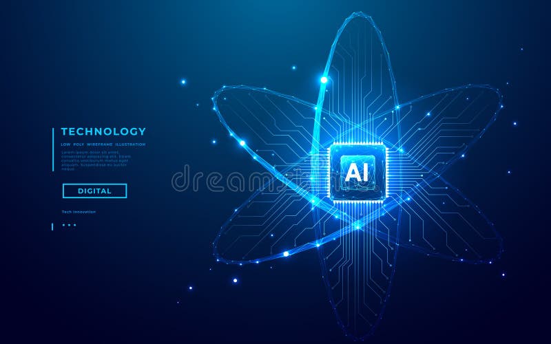 Ai chip and abstract digital atom icon on technology background.