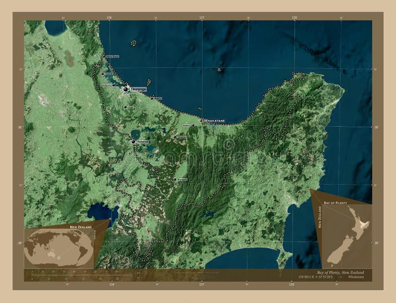 Bay of Plenty, New Zealand. Low-res Satellite. Labelled Points of ...