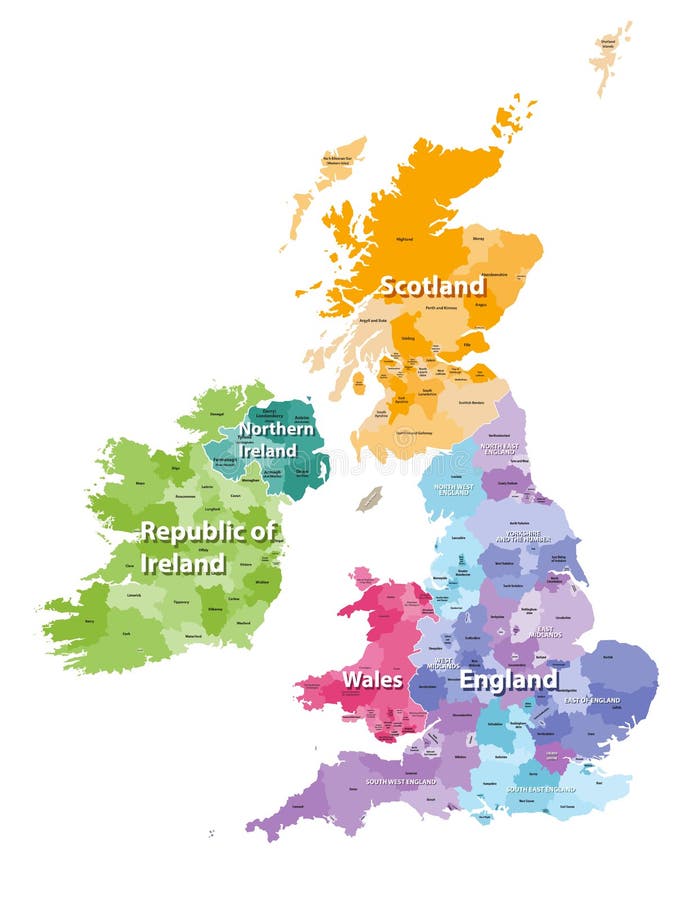 British Isles Map Colored by Countries and Regions Stock Vector ...