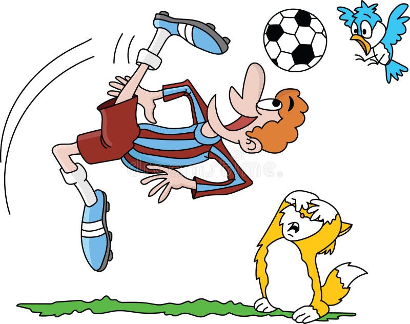 Cartoon soccer player taking a reverse shot while his pet friends watching anxiously vector