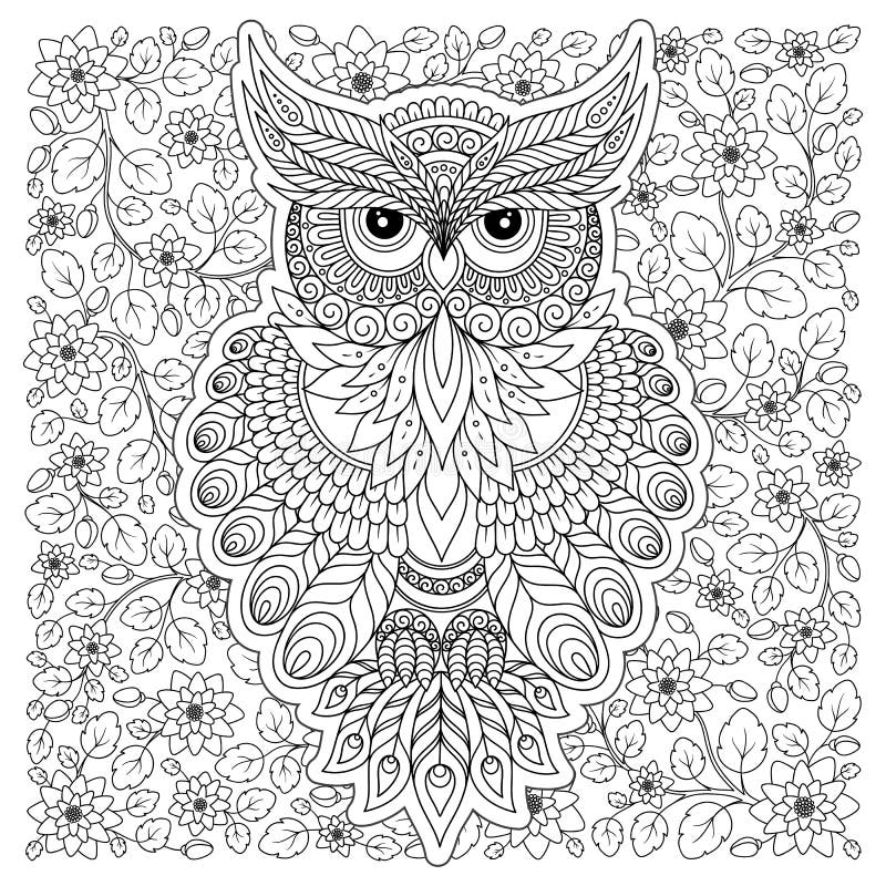 Coloring Page with Cute Owl and Floral Frame. Stock Illustration ...