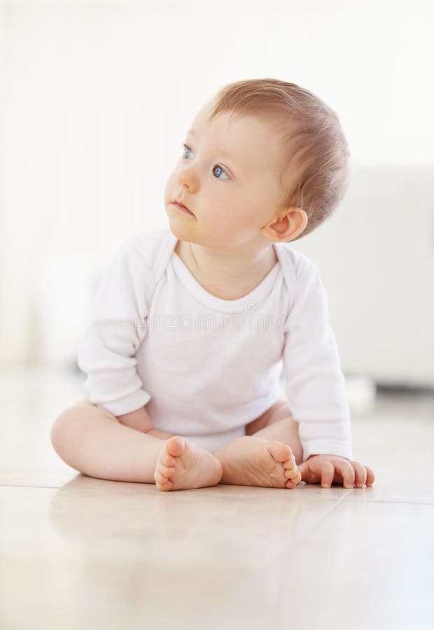 Curious as ever. an adorable toddler sitting on the floor. royalty free stock photography