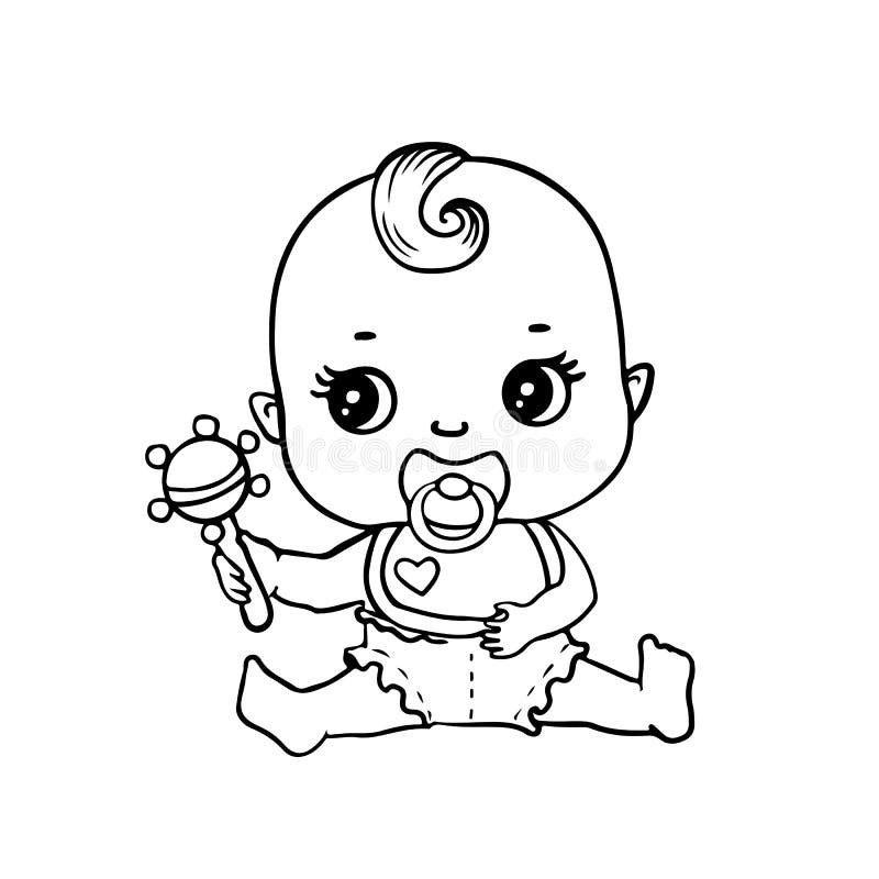 Cute Baby in Diaper with Rattle for Coloring Page or Book. Black and ...