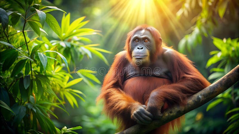 A Day in the Sun: A Playful Orangutan Basking in the Tropical Sunlight  Generative AI stock image