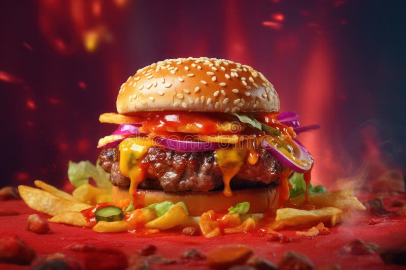 Delicious Monster Hamburger with Flying with Ai Generated Stock ...