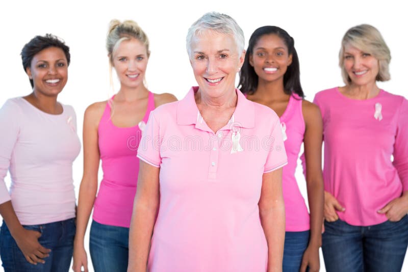 Diverse Group of Women Wearing Pink Tops and Breast Cancer Ribbons ...