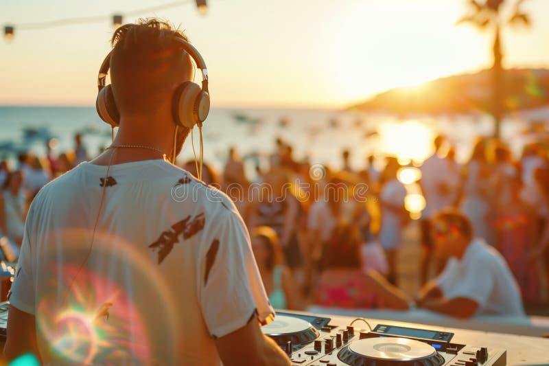 DJ Spins at Sunset Beach Party Stock Photo - Image of glow, generated ...