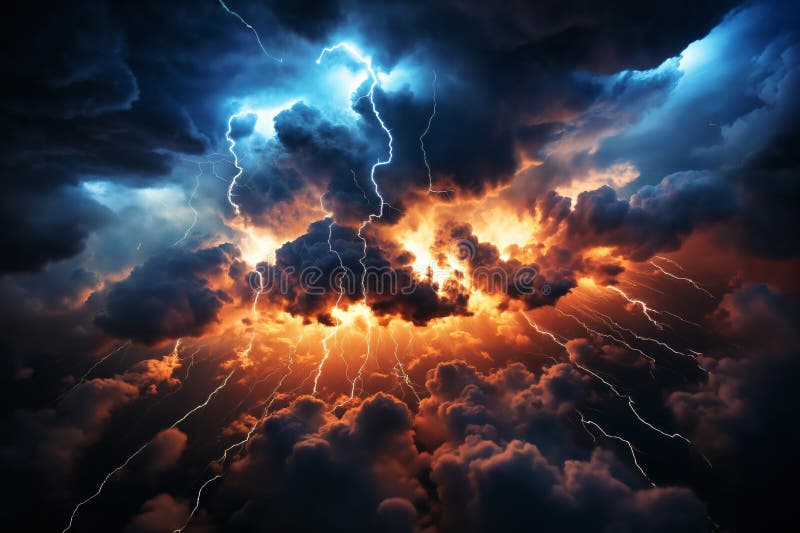 Dramatic Stormy Sky with Lightning and Dark Cumulus Clouds Aerial View ...