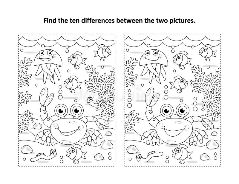 Find Ten Differences Picture Puzzle and Coloring Page, Crab, Sea Life ...