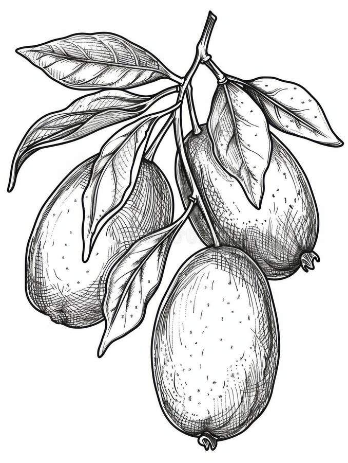 Black and White Hand-drawn Illustration of a Guava Branch with Leaves ...