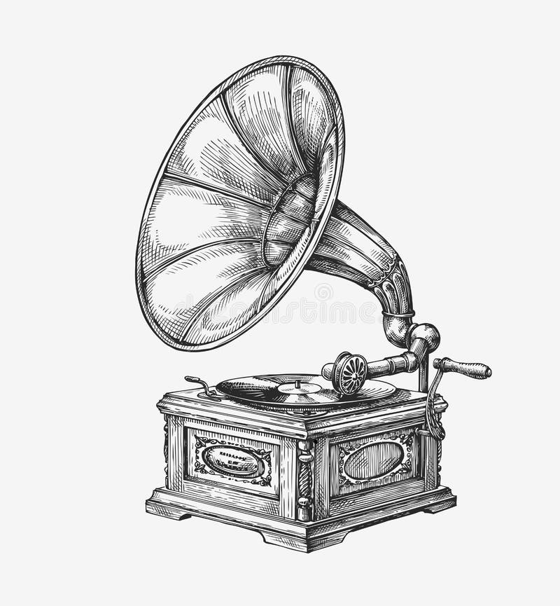 Hand-drawn vintage gramophone. Sketch music. Vector illustration