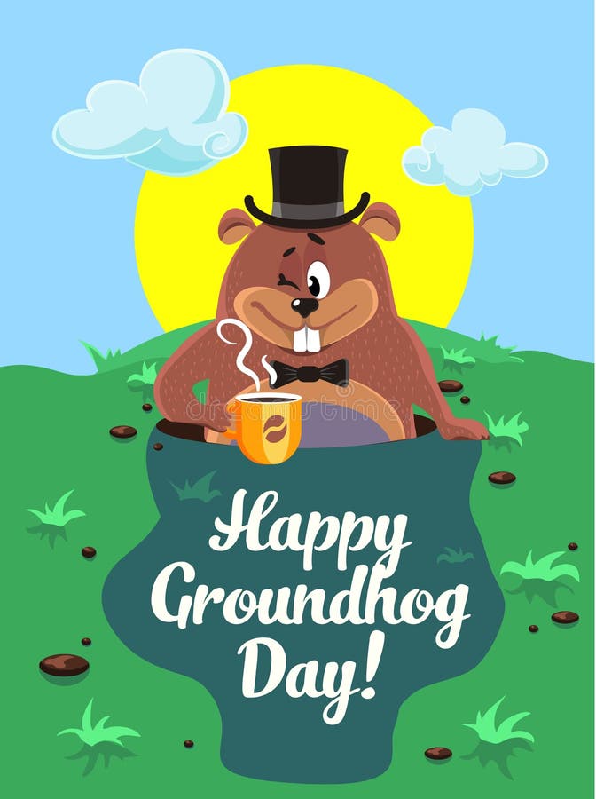 Groundhog With A Cup Of Coffee On February 2 Stock Vector ...