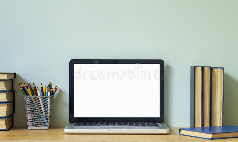 Home Office Desk Table Background. Empty Laptop Screen Pc on the Wooden  Table with Books for Work or Study Stock Image - Image of room, mouse:  222613699