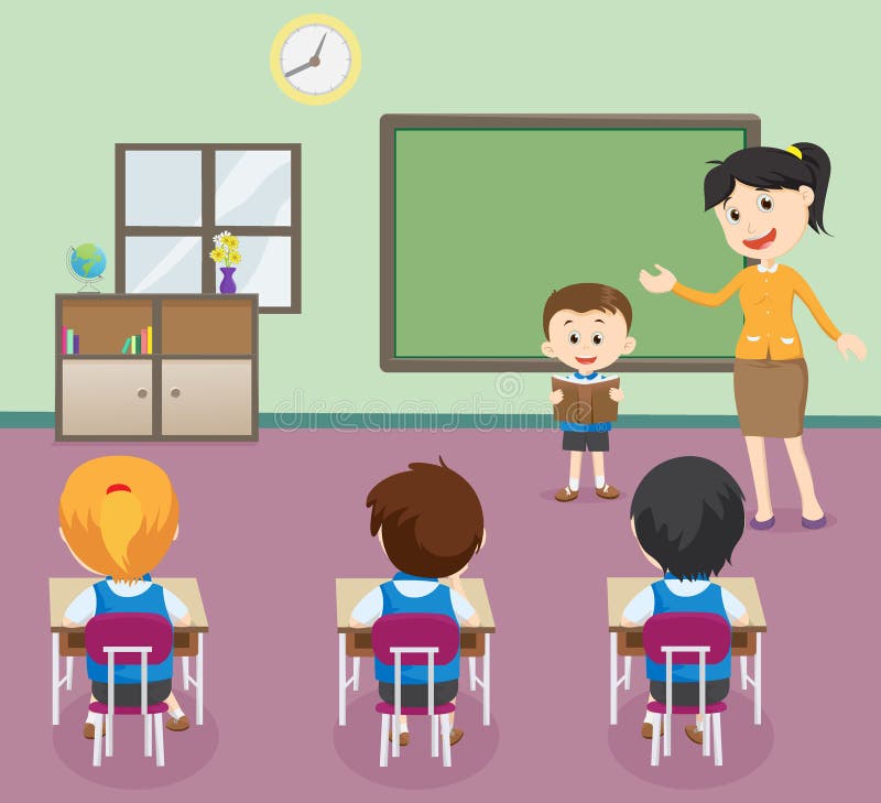 Illustration of Students Boy Reading Book in Front of Classroom. Stock ...