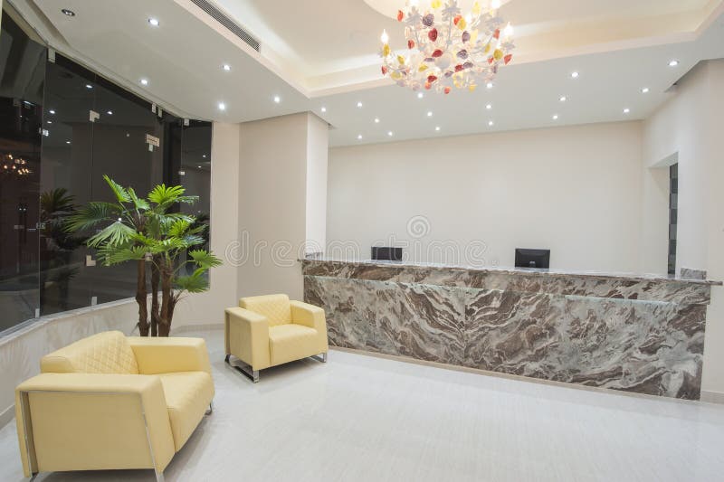 Interior of a luxury hotel lobby reception area