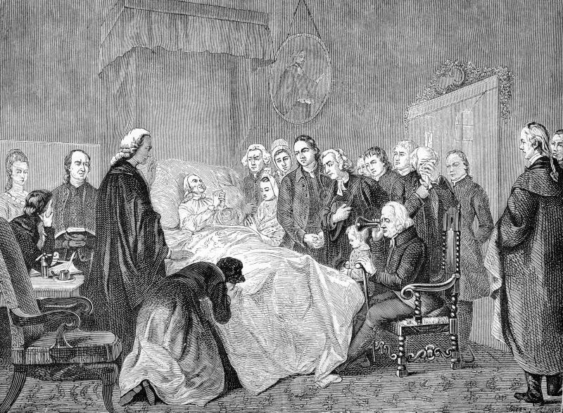 Preacher John Wesley on his deathbed, from a painting by Marshall Claxton, engraving from Selections from the Journal of John Wesley, 1891.