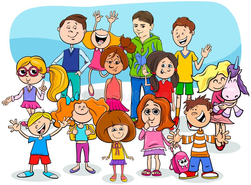 Kids and Teens Cartoon Characters Group Stock Vector - Illustration of ...