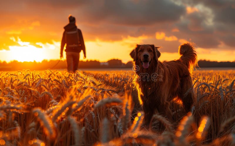 A Man and His Dog are Walking through a Field of Wheat. the Sun is ...