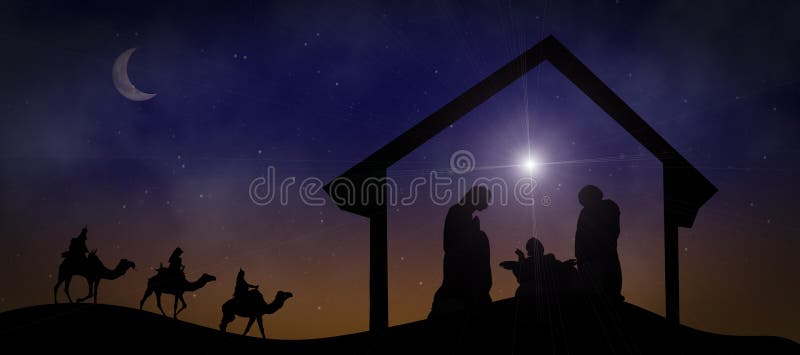 Nativity scene with the Magi in the desert, the star and the birth of Jesus Christ at night. Christian Christmas and the