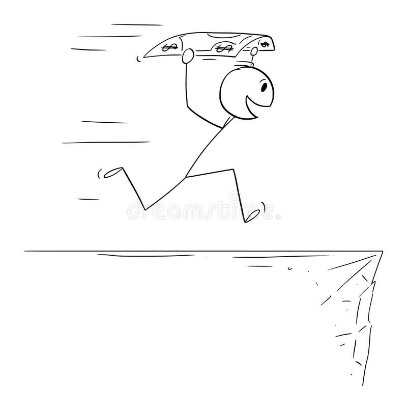 Person Trying To Fly with Dollar Bill, Vector Cartoon Stick Figure ...