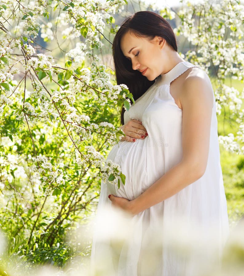 Portrait of Beautiful Pregnant Woman in White Dress Stock Image - Image ...