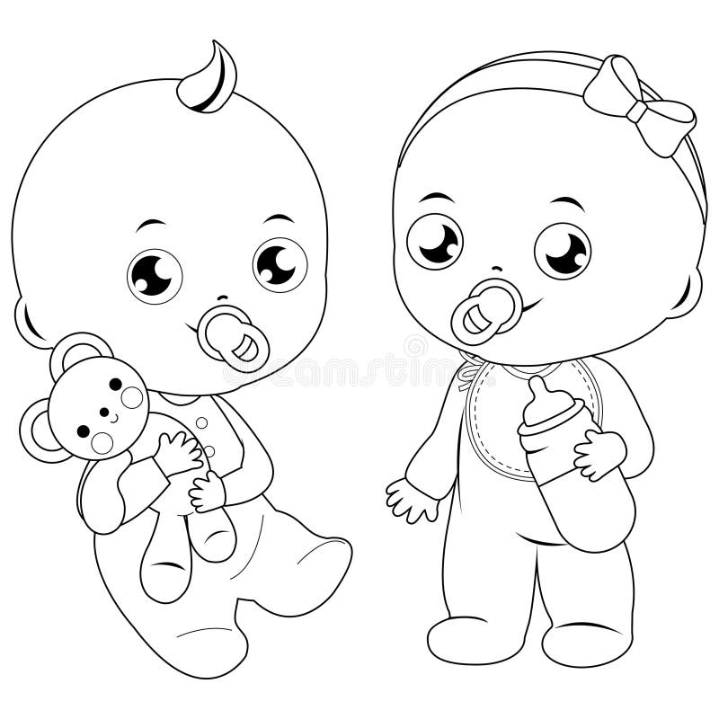 Baby Girl and Baby Boy. Vector Black and White Coloring Page Stock ...