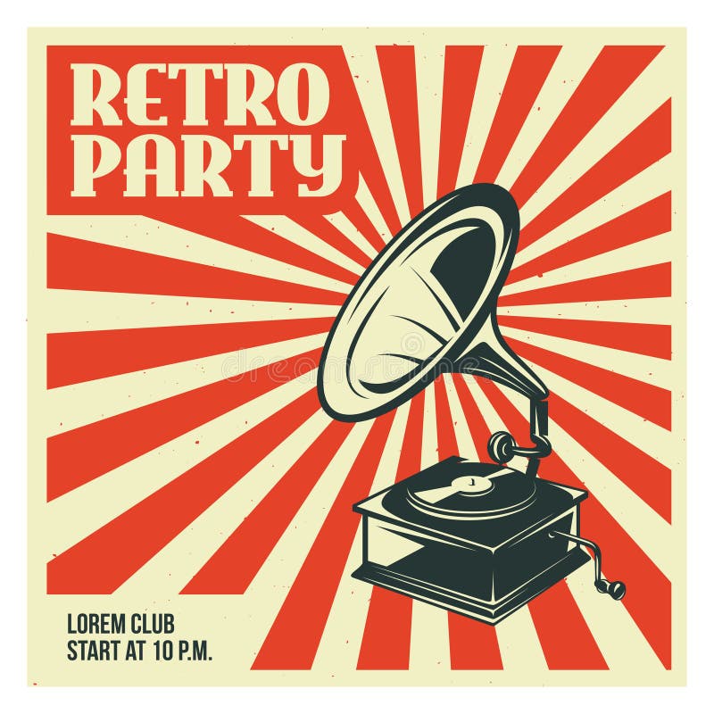 Retro party poster template with old gramophone. Vector vintage illustration.