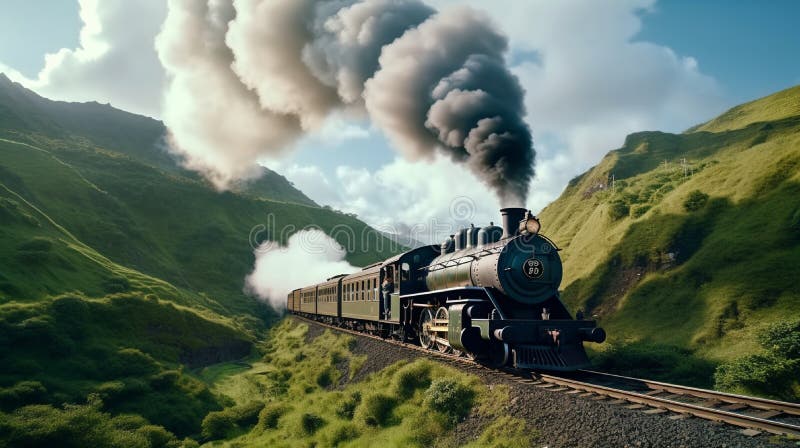 Vintage Steam Locomotive Chugging through a Remote and Mountainous ...