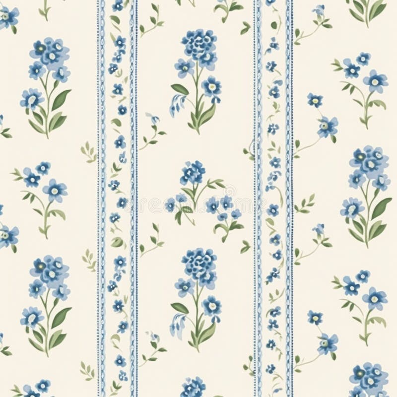 Seamless Tileable Striped Pattern with Blue Flowers, Country Cottage ...