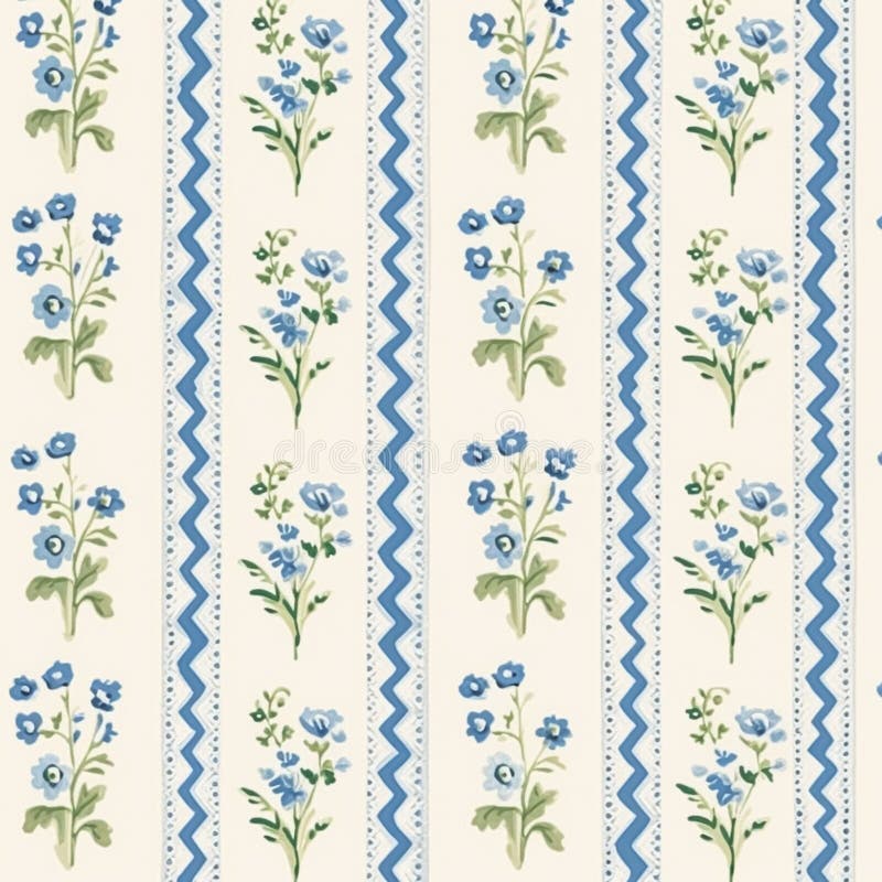 Seamless Tileable Striped Pattern with Blue Flowers, Country Cottage ...