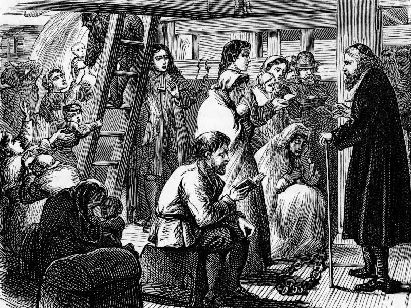 John Wesley with German passengers on board ship going to the Americas; engraving from Selections from the Journal of John Wesley, 1891.