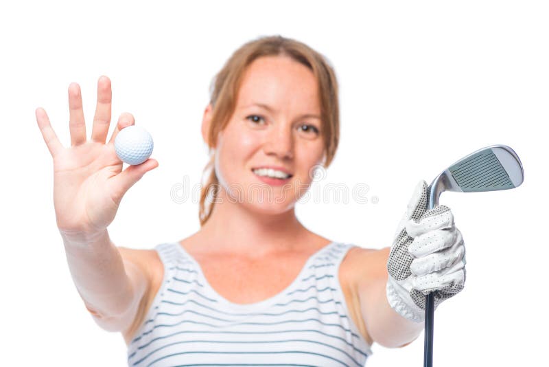 Smiling girl shows a camera in the ball and a golf club