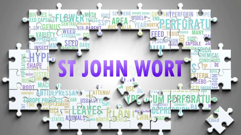 St John Wort as a complicated topic, pictured as a small puzzle pieces and a collection of words and concepts, that are most important ideas to st john wort. Symbolizes the complexity of st john wort and its relation to other subjects.