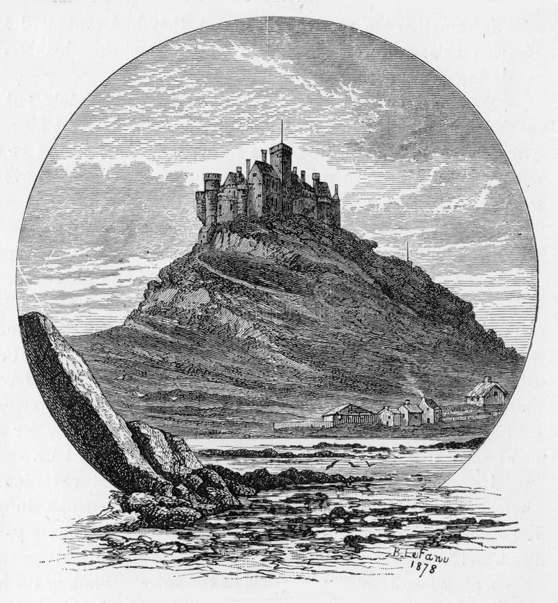 St Michael's Mount (Cornish: Karrek Loos yn Koos), a tidal island 366 metres off the Mount's Bay coast of Cornwall, England, United Kingdom; engraving from Selections from the Journal of John Wesley, 1891