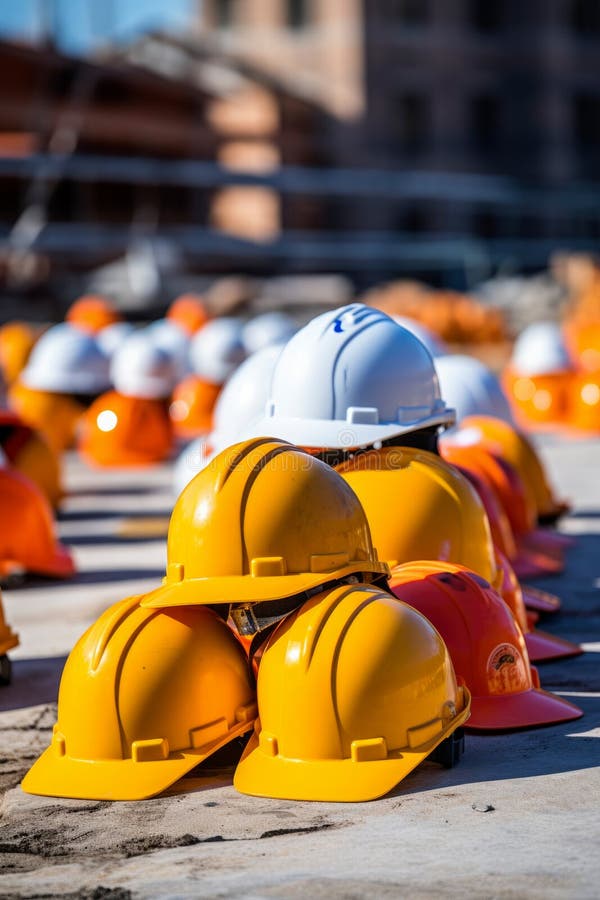 Stack of Safety Helmets, White Blue and Yellow Helmets in Construction ...