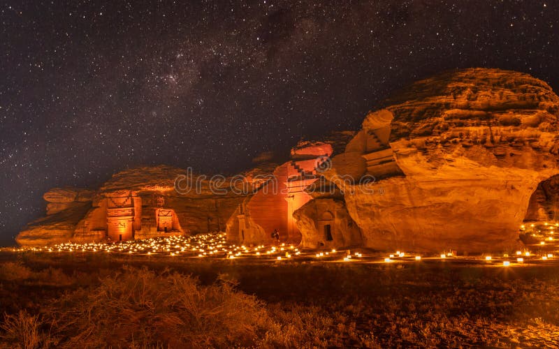 Starlight Sky Over the Ancient Nabataean Tombs of Hegra City ...